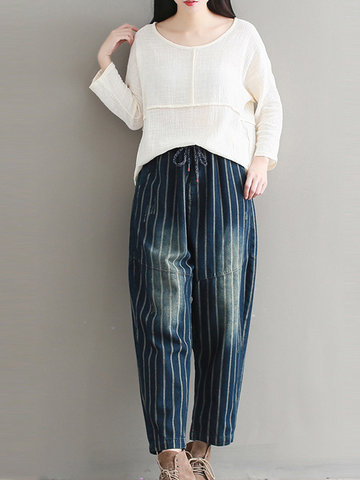 Striped Elastic Waist Drawstring Pants-Newchic-