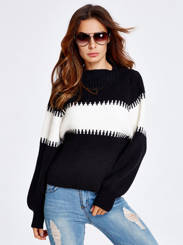 Striped Lantern Sleeve Stand Collar Knitted Sweaters-Newchic-