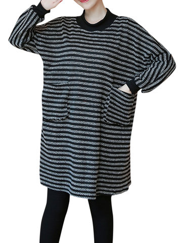 Striped Long Sleeve Turtleneck Mini Dress-Newchic-
