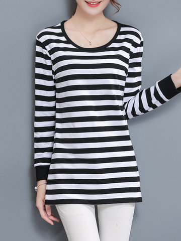 Striped Long Sleeves O Neck T-shirts-Newchic-