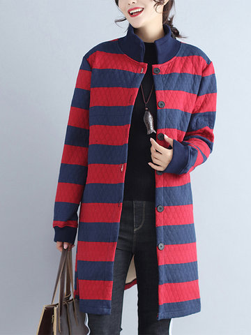 Striped Stand Collar Long Coats-Newchic-