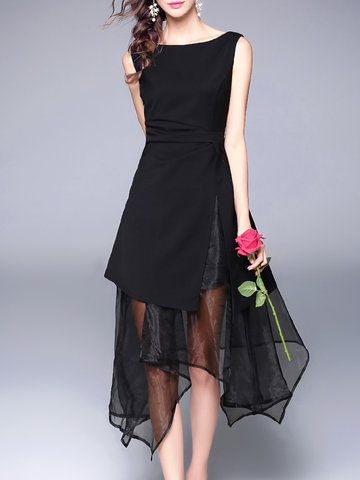 TangJie Sexy Asymmetrical Solid Black O-Neck Sleeveless Women Chiffon Dresses-Newchic-