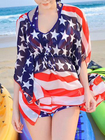 Three-pieces Push Up Backless American Flag Padding Cover Up Bikinis Set-Newchic-