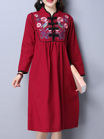Tribal Style Embroidery Stand Collar Dress-Newchic-