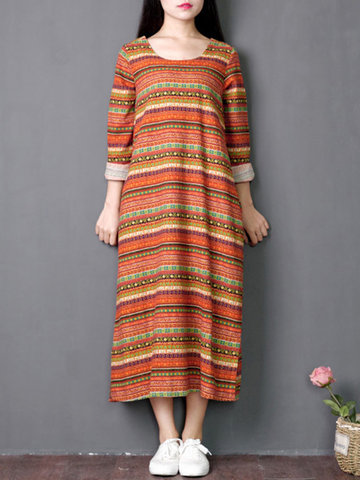 Tribal style Loose Striped Printed Long Sleeves Dresses-Newchic-
