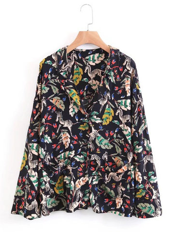 Tropical Women Long Sleeve V Neck Print Loose Suit Coats-Newchic-