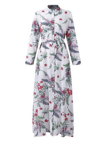 Turn Down Collar Floral Print Dresses-Newchic-
