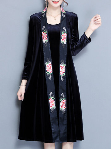 Velvet Embroidery Fake Two Pieces Dress-Newchic-