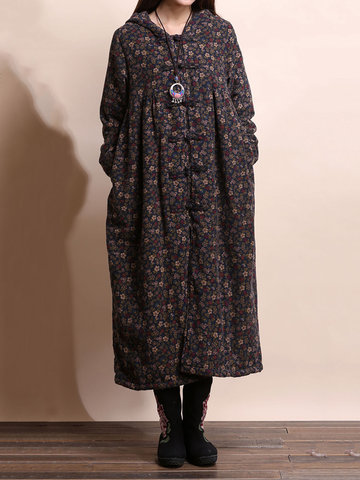 Vintage Casual Women Floral Hooded Overcoat-Newchic-