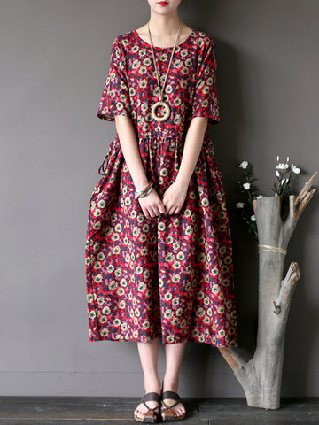 Vintage Casual Women Short Sleeve Floral Print Dresses-Newchic-