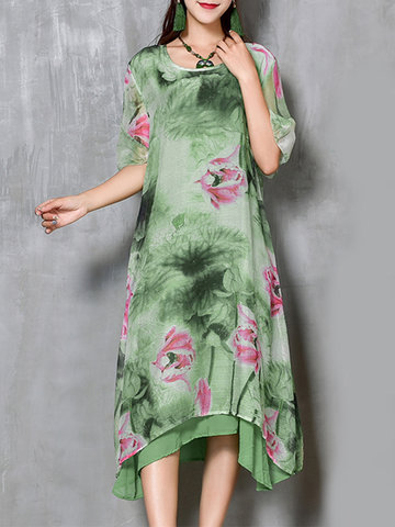 Vintage Chiffon Women Ruffle Print Dresses-Newchic-