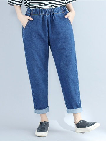 Vintage Elastic Waist Pocket Jeans For Women-Newchic-