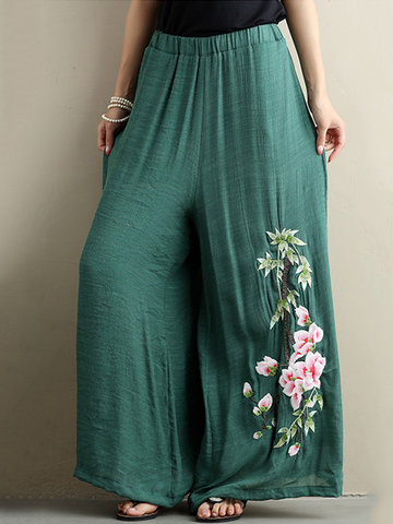 Vintage Embroidered Elastic Waist Wide Leg Pants For Women-Newchic-