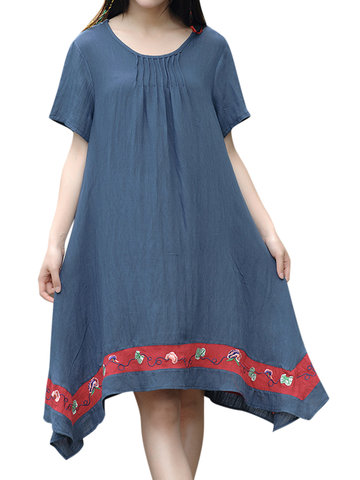 Vintage Embroidered Irregular Short Sleeve O-neck Women Dress-Newchic-