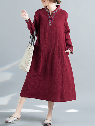 Vintage Embroidered Long Sleeve Stand Collar Women Dresses-Newchic-
