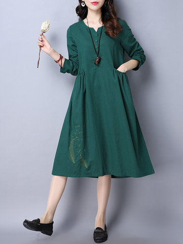 Vintage Embroidered Pockets Long Sleeve O-neck Women Dresses-Newchic-