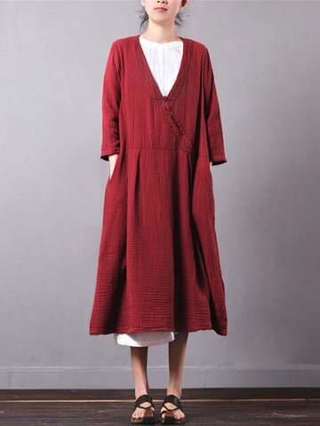 Vintage Embroidery Cotton Linen Dresses-Newchic-
