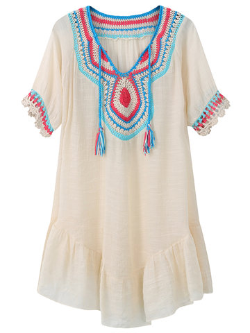 Vintage Embroidery Drawstring O-Neck Short Sleeve Women Mini Dresses-Newchic-