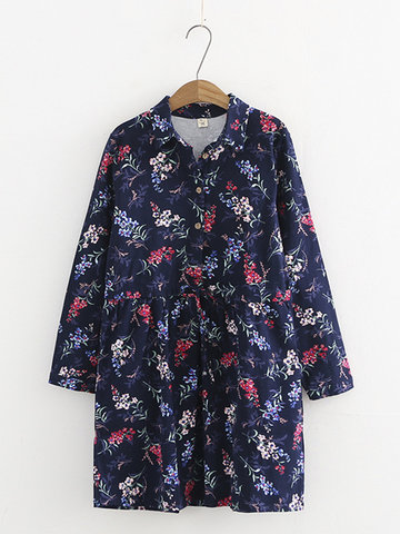 Vintage Floral Denim Shirt Dress-Newchic-