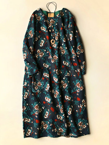 Vintage Floral Print Cotton Casual Dress-Newchic-
