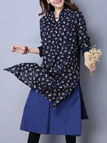 Vintage Floral Print Layered Patchwork Long Sleeve Women Dresses-Newchic-