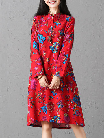 Vintage Floral Print Loose Long Sleeve O-neck Dresses For Women-Newchic-