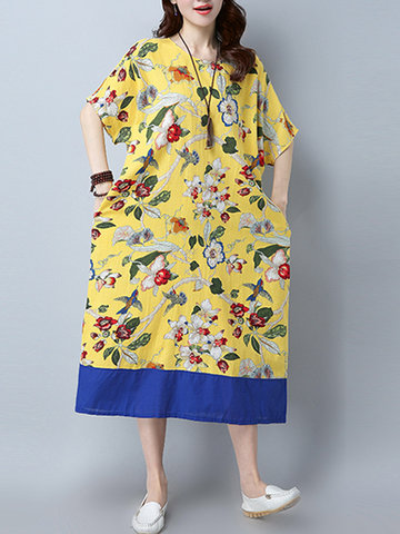 Vintage Floral Print Patchwork Half Sleeve O-neck Women Maxi Dress-Newchic-