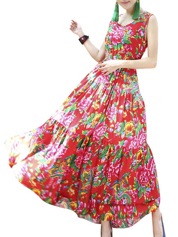 Vintage Floral Print Pleated Sleeveless O-neck Women Maxi Dresses-Newchic-