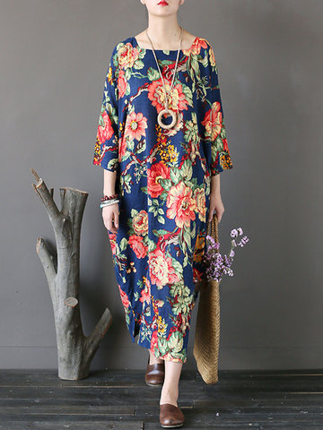 Vintage Floral Print Splited 3/4 Sleeve Loose Women Dresses-Newchic-