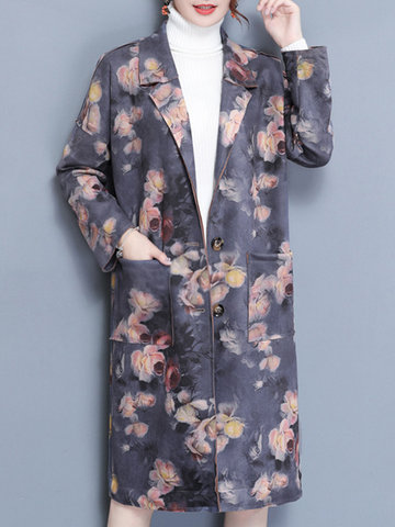 Vintage Floral Print Suede Women Coats-Newchic-