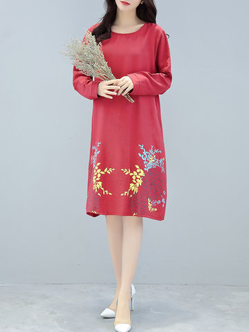 Vintage Floral Printed O-neck Long Sleeve Dress-Newchic-