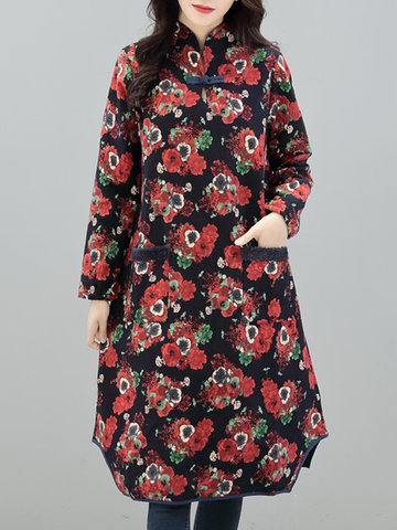 Vintage Flower Printed Stand Collar Thick Dress-Newchic-