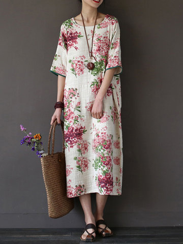 Vintage Half Sleeve Floral Printed Long Maxi Women Dresses-Newchic-
