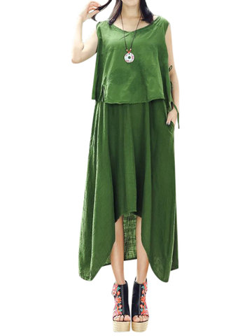 Vintage Layered Irregular Printed Sleeveless V-neck Dress For Women-Newchic-