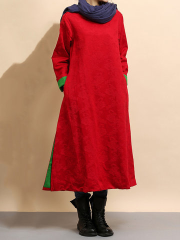 Vintage Long Sleeve O-Neck Pocket Autumn Winter Maxi Dresses-Newchic-