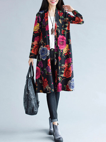 Vintage Loose Flower Print Long Sleeve Kimonos For Women-Newchic-