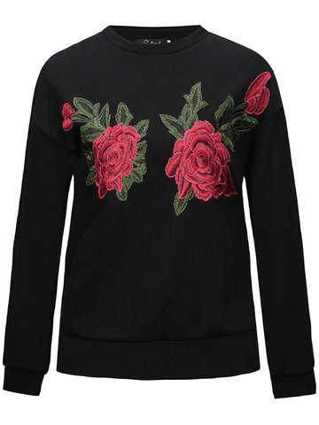 Vintage Loose Rose Embroidery Long Sleeve O-Neck Sweatshirts-Newchic-