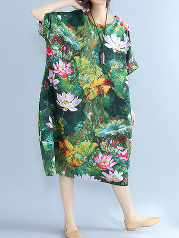 Vintage Lotus Print Loose Half Sleeve O-neck Women Mid-long Dress-Newchic-