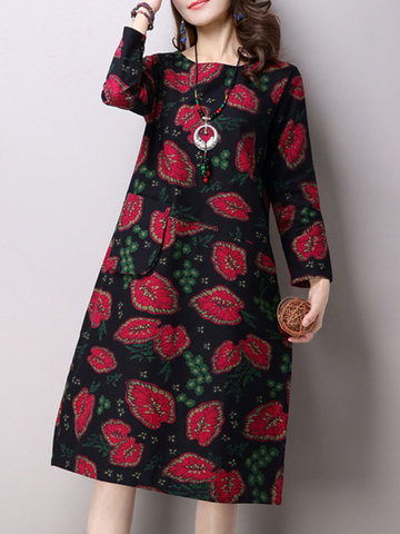 Vintage O-neck Pocket Printed Dresses-Newchic-