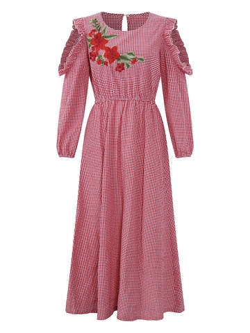 Vintage Plaid Embroidery Long Sleeve Women Dresses-Newchic-