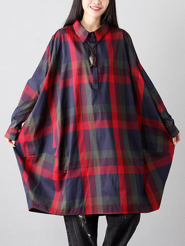Vintage Plaid Loose Shirt Dresses-Newchic-