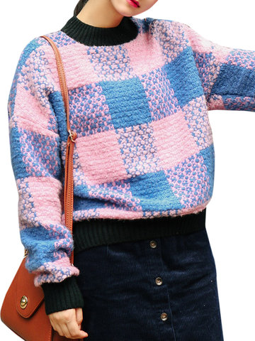 Vintage Plaid Patchwork Pullover Casual Sweater-Newchic-