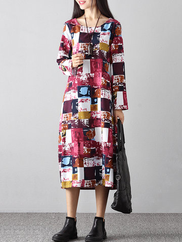 Vintage Plaid Print Women Mid-long Dresses-Newchic-