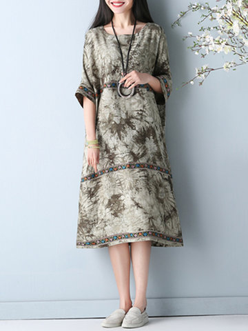 Vintage Printed Batwing Sleeve O Neck Dress For Women-Newchic-