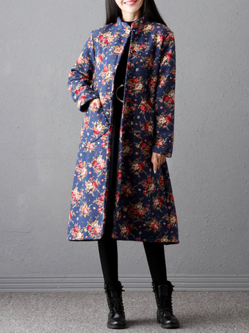 Vintage Printed Button Fluff Coats-Newchic-