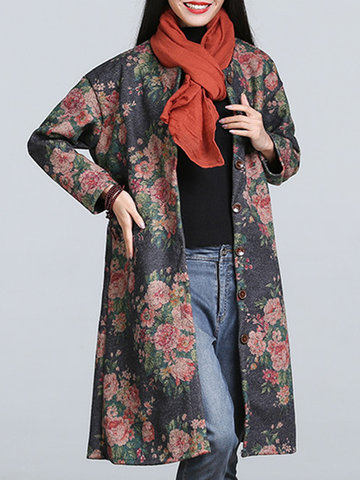Vintage Printed Button Fly Long Sleeves Coats-Newchic-