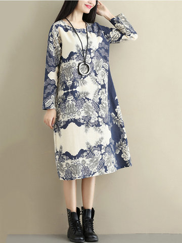 Vintage Printed Long Sleeve Thick Dress-Newchic-