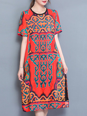 Vintage Printed Mid-Calf Short Sleeves Dresses For Women-Newchic-
