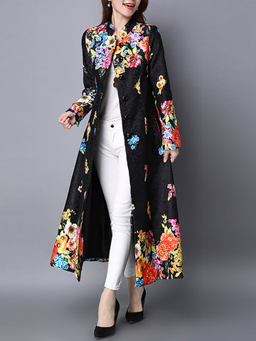 Vintage Printed Stand Collar Long Coat-Newchic-
