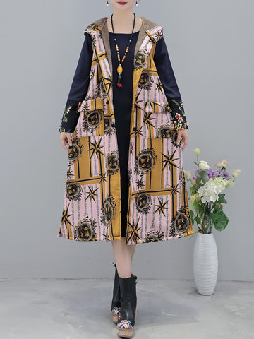 Vintage Printed Women Hooded Long Jackets-Newchic-